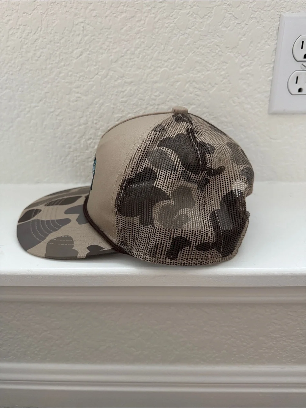 Beige Camo Fishing Trucker Hat with Blue Fish Patch
